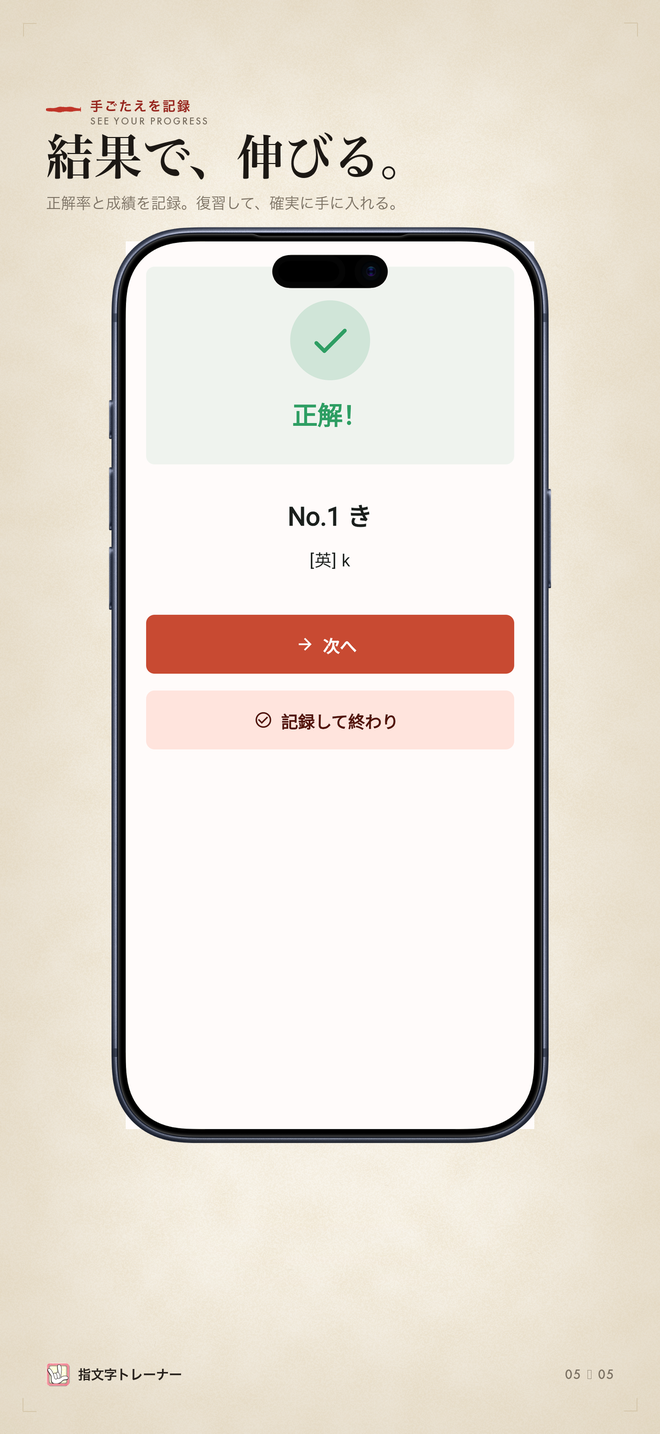 結果画面。正解の表示と、次へ進むボタン、記録して終わりボタンが表示されています。
